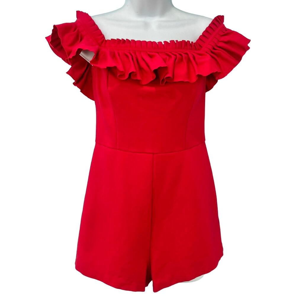 Urban Outfitters Cherry Red Rouge Off Shoulder Ruffle Heather Shorts Romper sz 2